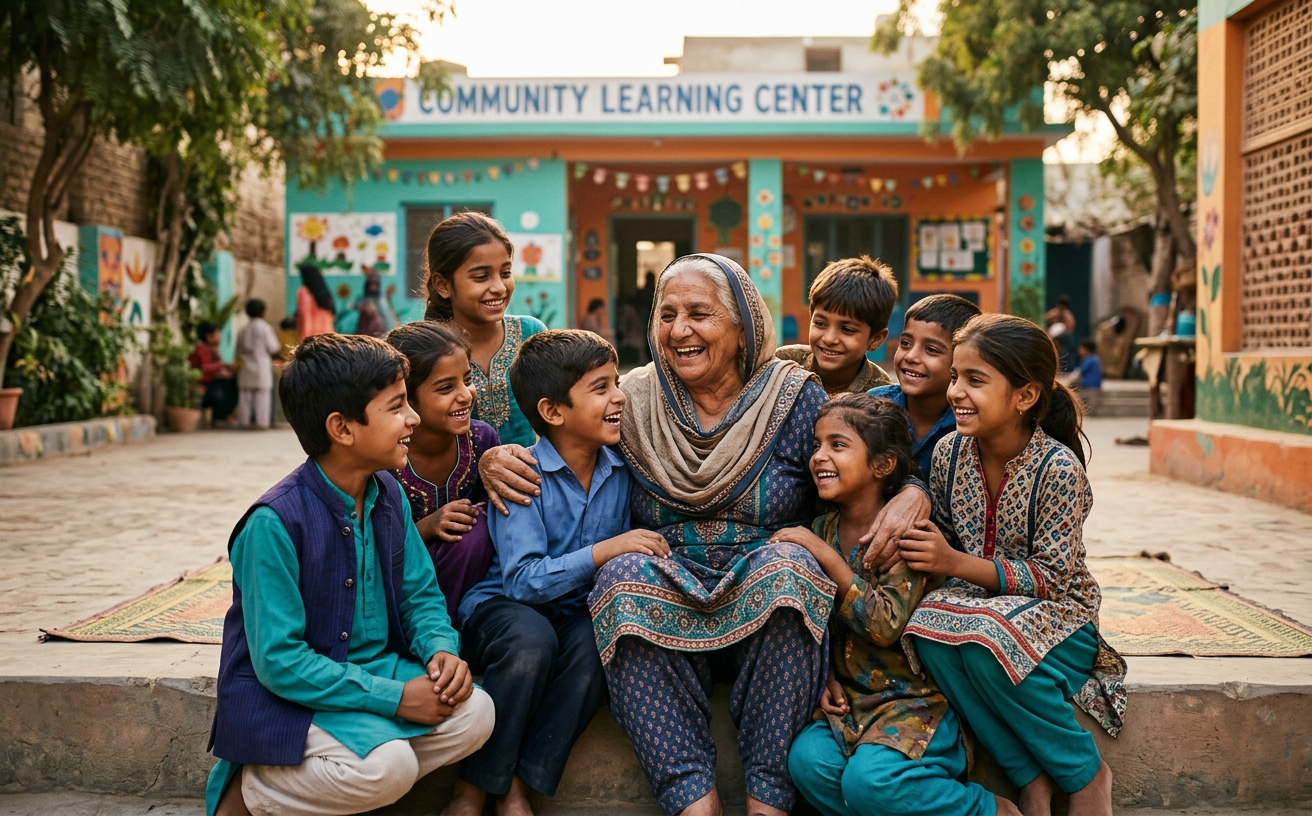 Children and a community elder smiling together outside a learning center